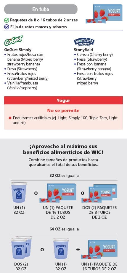 أنواع الزبادي المعتمدة من برنامج WIC والقيود المفروضة عليها باللغة الإسبانية