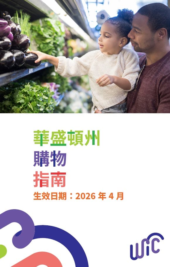 An adult and child shopping for fresh produce, with Washington WIC Shopping Guide text below the photo in Chinese