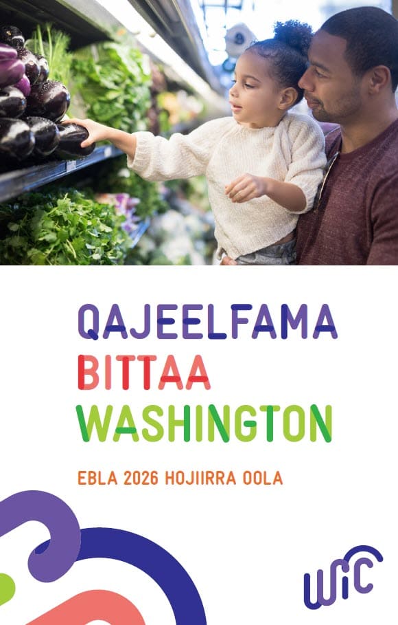 An adult and child shopping for fresh produce, with Washington WIC Shopping Guide text below the photo in Oromo