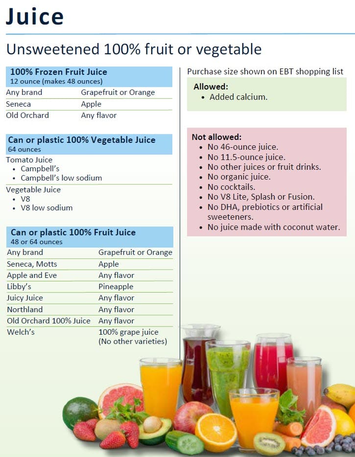 WIC juice list showing approved 100% fruit and vegetable juices, frozen and shelf‑stable, with allowed sizes and restrictions