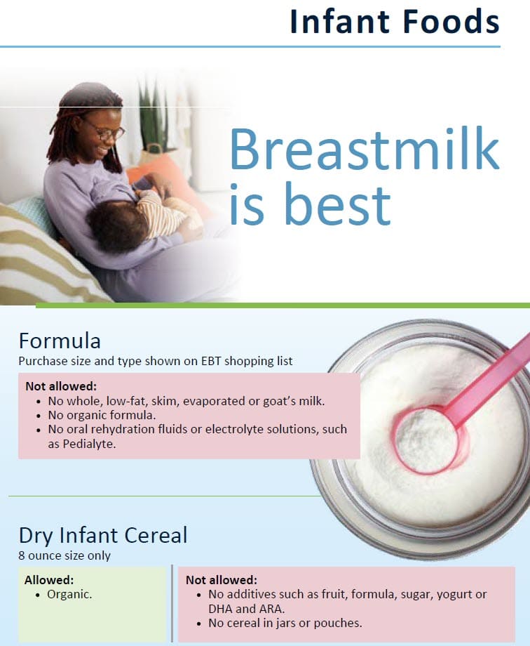 WIC list showing approved infant foods, with what is allowed and restrictions