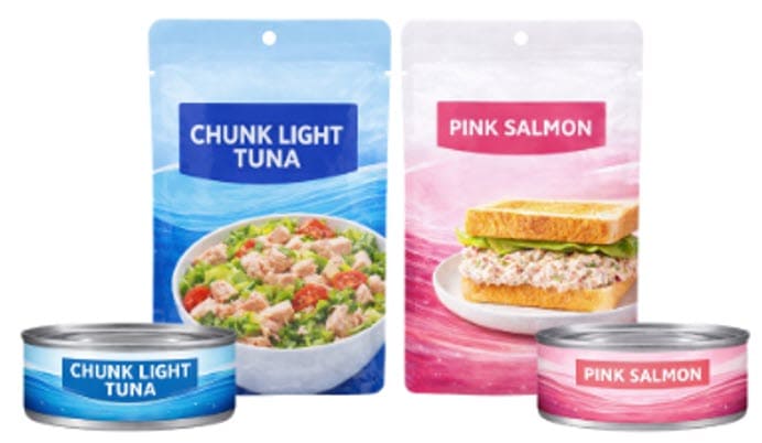 Packages of chunk light tuna and pink salmon in both cans and pouches, shown side by side.
