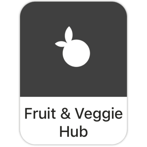 A rectangular sign with a fruit icon above the words “Fruit & Veggie Hub.”
