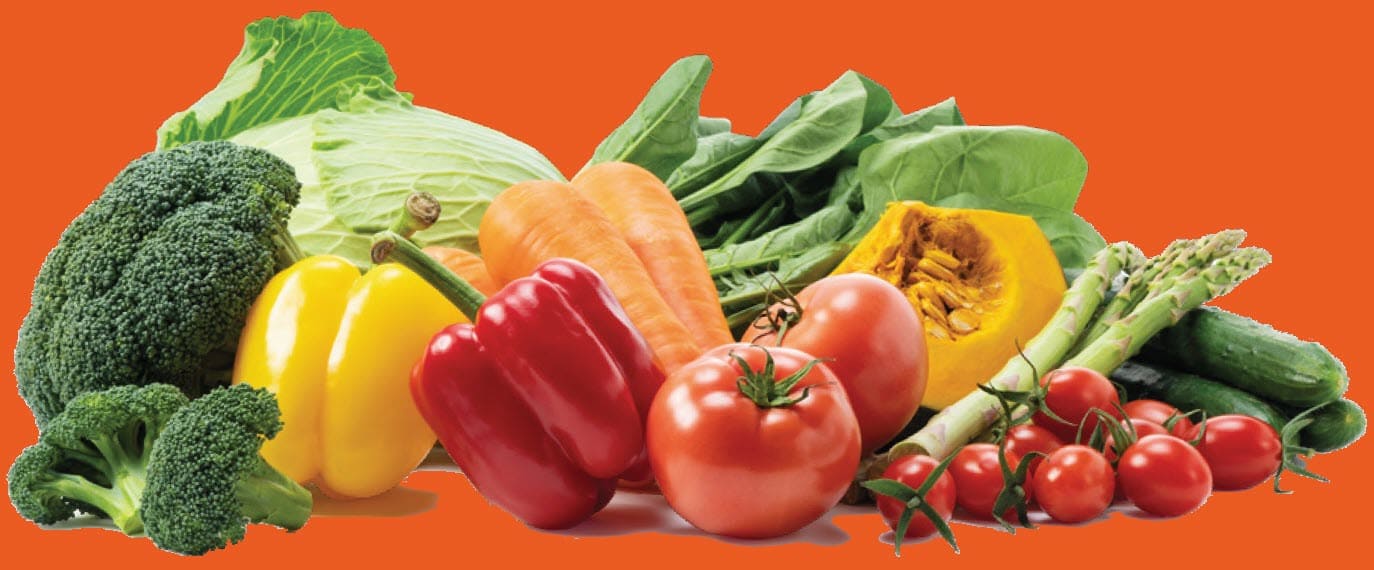 Assortment of fresh vegetables on an orange background, including broccoli, peppers, cabbage, carrots, spinach, pumpkin, tomatoes, asparagus, and cucumbers.