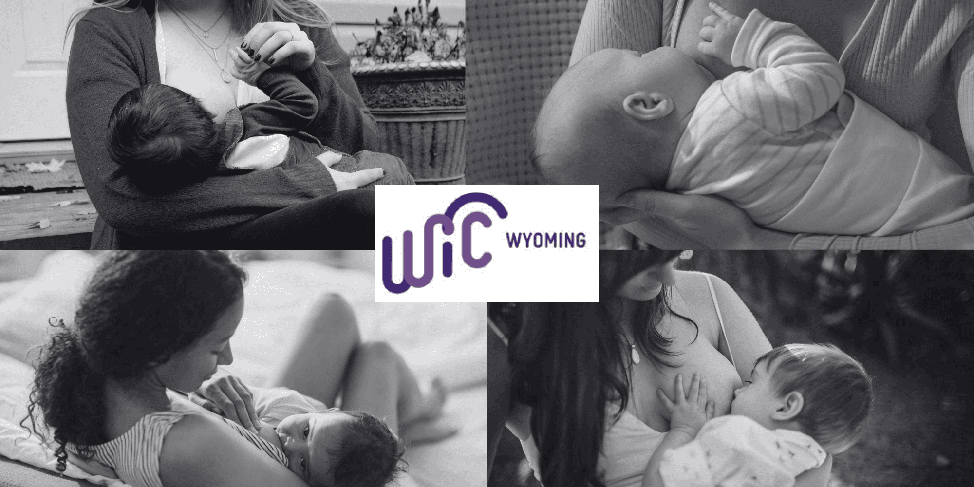 WY BF Hero #3 (1) Collage of four black‑and‑white photos of parents breastfeeding infants with a purple WIC Wyoming logo in the center