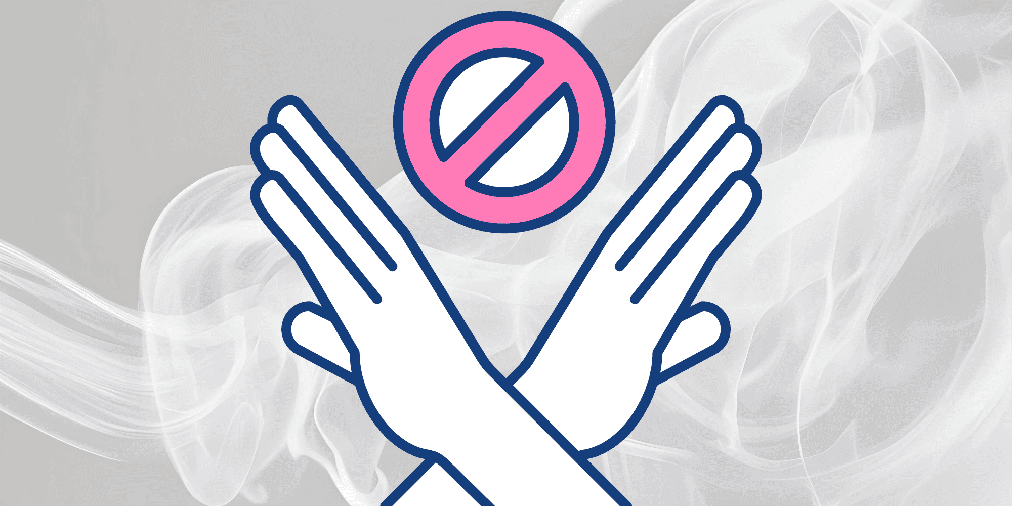 Illustration of two blue‑outlined hands crossed in an X with a pink prohibition symbol above them on a smoky gray background