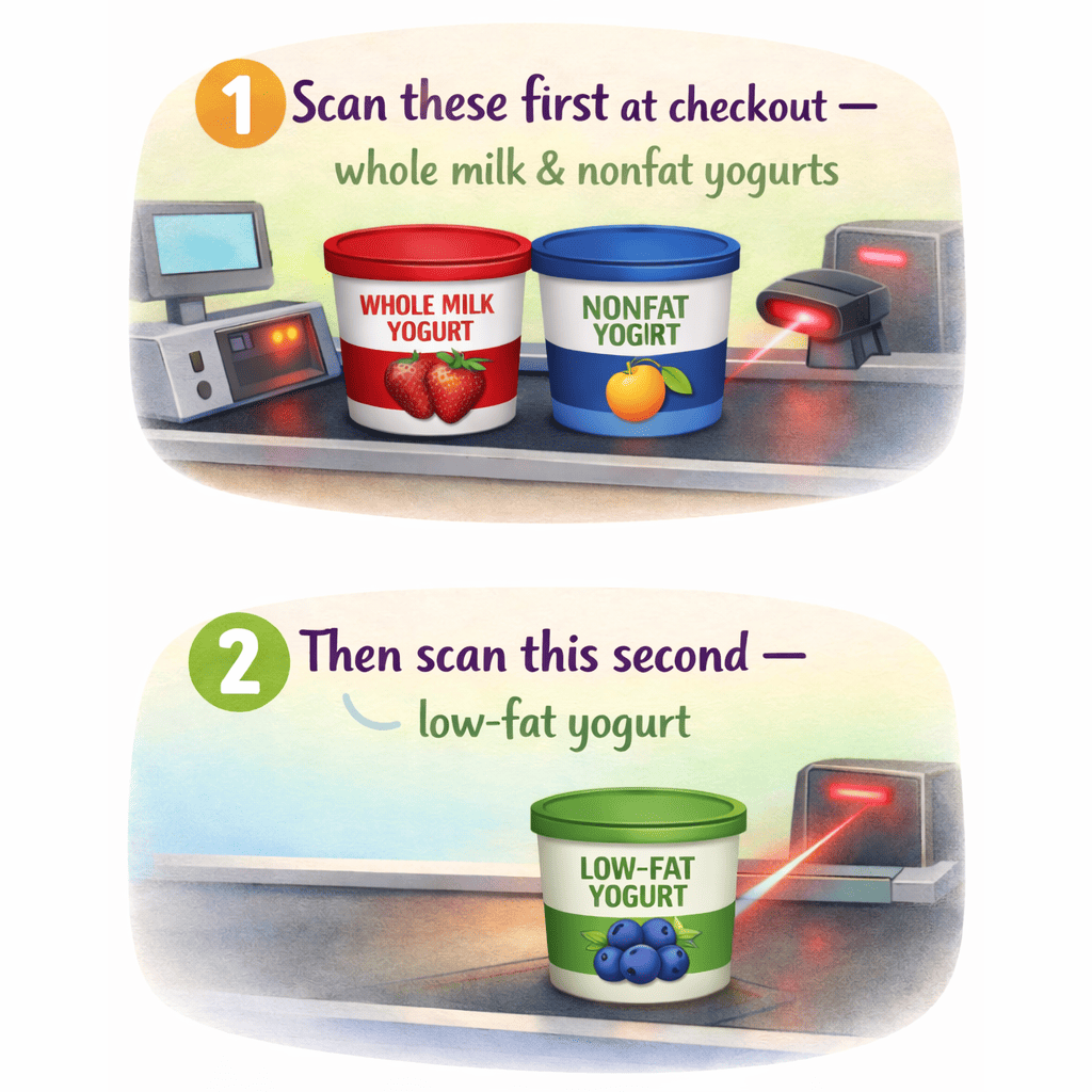 Two‑step checkout guide for scanning yogurt. Step 1 shows whole milk and nonfat yogurt containers on a conveyor belt near a barcode scanner with the text “Scan these first at checkout.” Step 2 shows a single low‑fat yogurt container labeled “Then scan this second.”