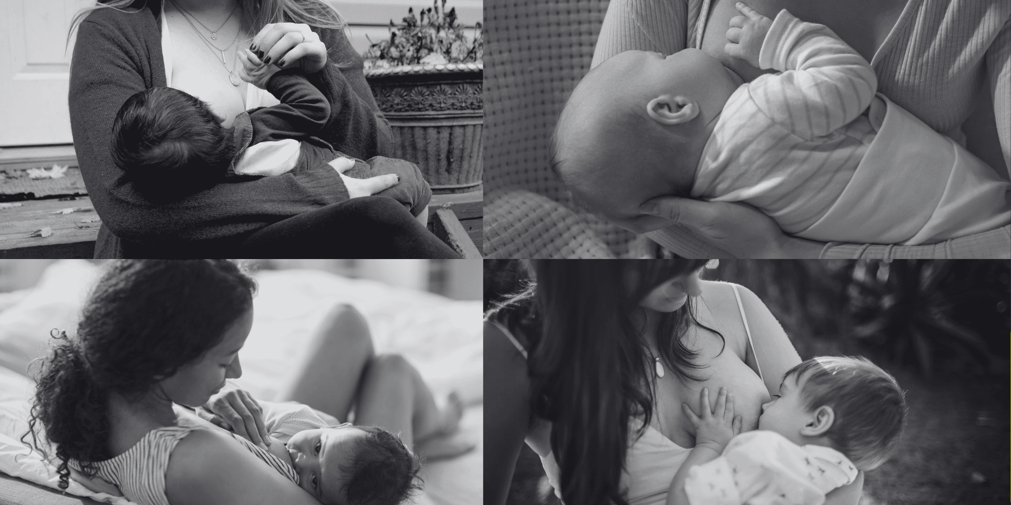 Four black‑and‑white photos showing adults breastfeeding infants in different positions and settings.