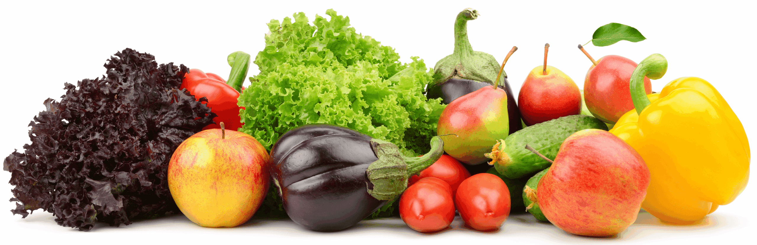 Various fruits and vegetables in a row.