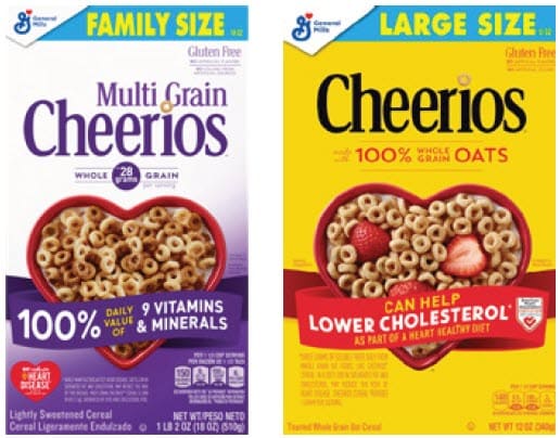 Two Cheerios cereal boxes side by side: Multi Grain Cheerios on the left and Original Cheerios on the right.