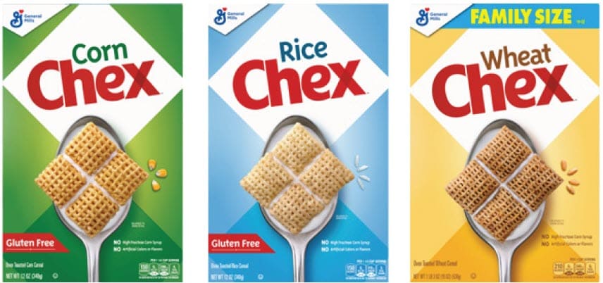 Three Chex cereal boxes—Corn Chex, Rice Chex, and Wheat Chex—shown side by side.