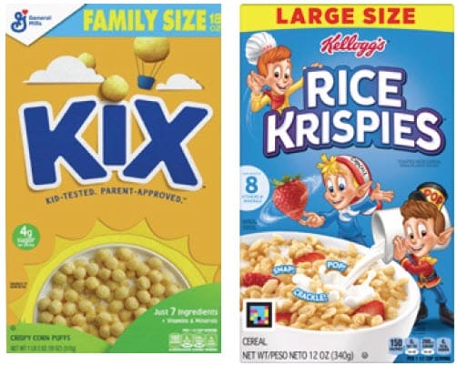 Two cereal boxes side by side: Kix on the left and Rice Krispies on the right.