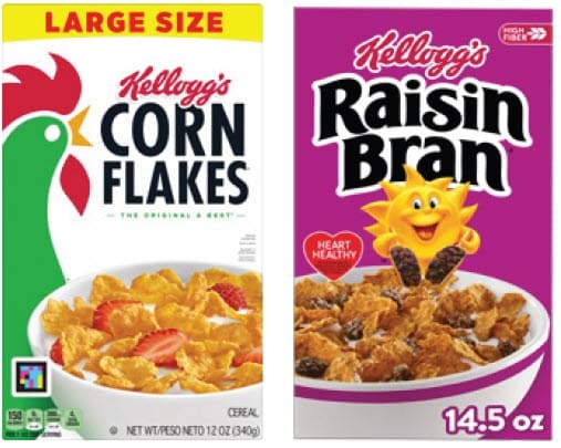 Two Kellogg’s cereal boxes side by side: Corn Flakes on the left and Raisin Bran on the right.