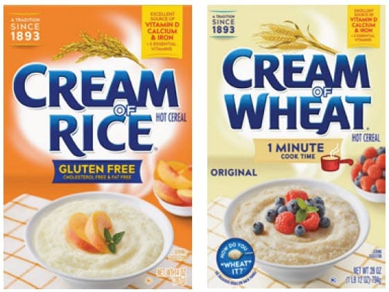 Two hot cereal boxes side by side: Cream of Rice on the left and Cream of Wheat on the right.