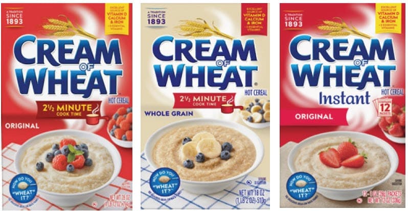 Three Cream of Wheat cereal boxes—Original, Whole Grain, and Instant—lined up side by side.