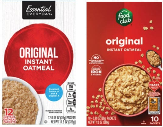 Two instant oatmeal boxes side by side: Essential Everyday Original and Food Club Original.