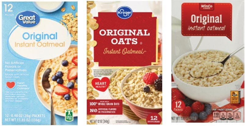 Two instant oatmeal boxes side by side: Essential Everyday Original and Food Club Original.