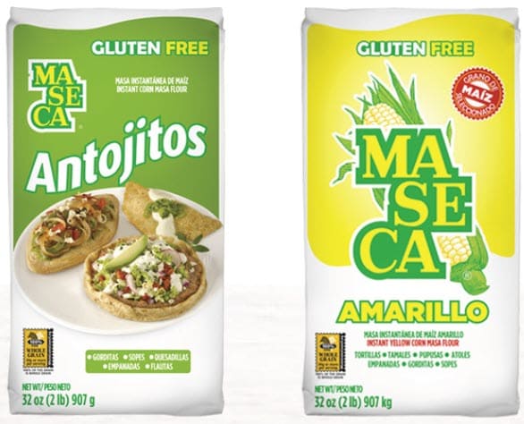 Two bags of Maseca corn masa flour—Antojitos and Amarillo—shown side by side.