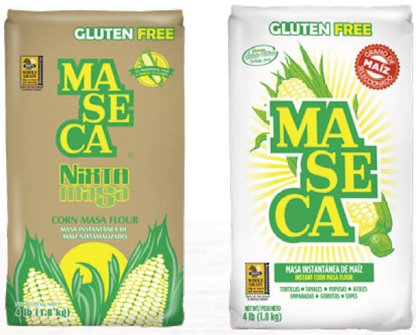 Two bags of Maseca corn masa flour—Nixtamasa and Instant Corn Masa—shown side by side.