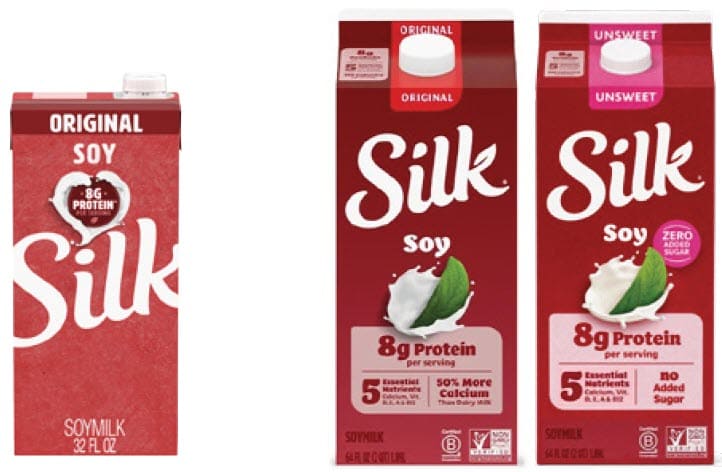 Three cartons of Silk soy milk—Original and Unsweet—displayed together.