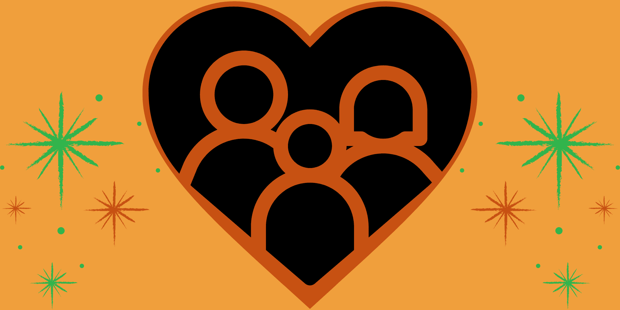 Orange heart graphic with three simple human figures inside, surrounded by starburst shapes on an orange background.