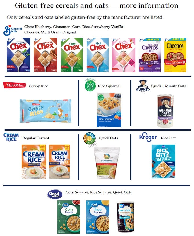 A WIC chart showing gluten‑free cereals and oats from multiple brands, including Chex, Cheerios, Crispy Rice, Rice Squares, Cream of Rice, and several gluten‑free oat options. Product images are grouped by brand to help identify approved gluten‑free choices