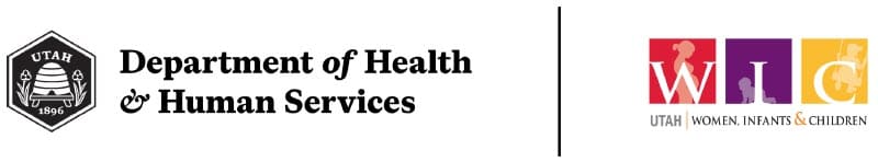 Two logos side by side: the Utah Department of Health & Human Services logo with a black beehive emblem and text, and the Utah WIC logo with red, purple, and yellow squares showing silhouettes of a woman, an infant, and a child