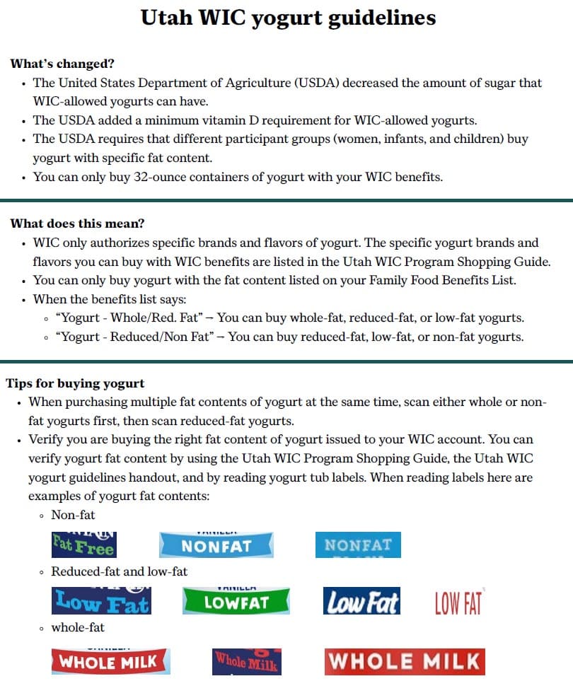 A WIC chart showing allowed 32‑ounce yogurts grouped by fat content. It includes whole‑fat, reduced‑fat and low‑fat, and non‑fat options with images of tubs from brands like Dannon, Lucerne, Mountain High, Stonyfield Organic, Kroger, Food Club, LaLa, Yoplait, Activia, Essential Everyday, WinCo, Great Value, and Oikos.
