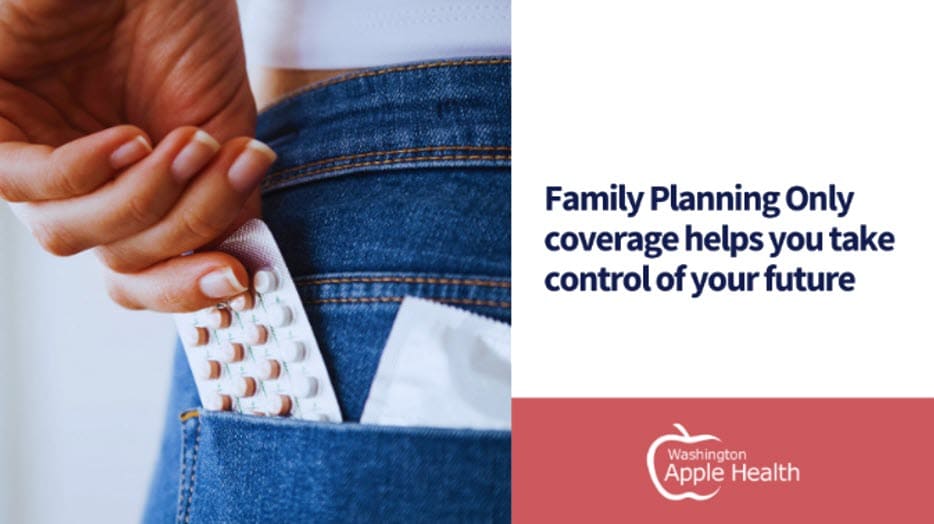 A hand slips a pack of birth control pills into the back pocket of blue jeans. Beside the image, text reads “Family Planning Only coverage helps you take control of your future,” with the Washington Apple Health logo below.