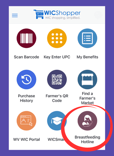 WICShopper app home screen showing circular icons for scanning barcodes, entering UPCs, benefits, purchase history, farmer’s market tools, the WV WIC portal, WICSmart, and a highlighted Breastfeeding Hotline icon.