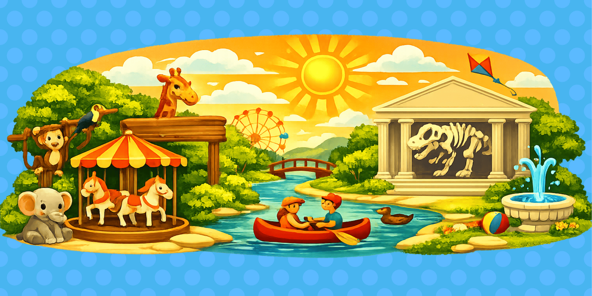 Bright summer park scene with a museum, zoo, carousel, giraffe, canoeing kids, fountain, and sunshine