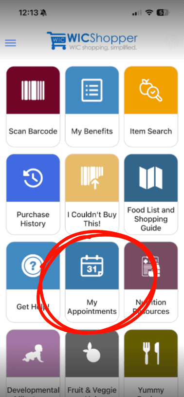 WICShopper home screen highlighting the My Appointments button