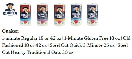 Five Quaker oatmeal containers—1‑Minute Regular, 1‑Minute Gluten Free, Old Fashioned, Steel Cut Quick 3‑Minute, and Steel Cut Hearty Traditional—each with distinct colored labels and sizes ranging from 18 oz to 42 oz.