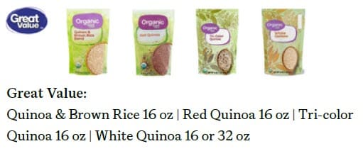 Four Great Value organic quinoa packages—Quinoa & Brown Rice, Red Quinoa, Tri‑color Quinoa, and White Quinoa—each in green bags with a clear window showing the grains, in 16‑ounce or 32‑ounce sizes depending on the variety
