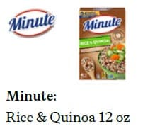 A box of Minute Rice & Quinoa, 12 ounces, with an image of a bowl of the rice‑and‑quinoa blend on the front