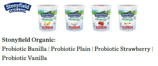 Four Stonyfield Organic whole‑milk probiotic yogurts—Banilla, Plain, Strawberry, and Vanilla—shown in their branded containers