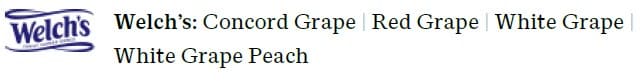 The Welch's logo next to a list of juice flavors, including grape, and others