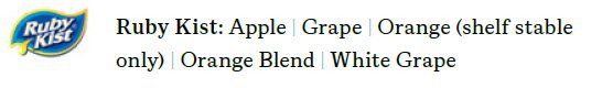 The Ruby Kist logo next to a short list of juice flavors, including apple, grape, orange, orange blend, and white grape.