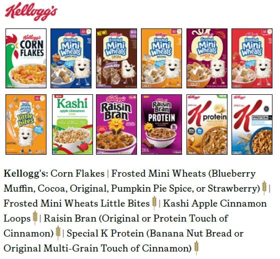 A group of Kellogg’s cereal boxes arranged in two rows, including Corn Flakes, several Frosted Mini Wheats flavors, Frosted Mini Wheats Little Bites, Kashi Apple Cinnamon Loops, Raisin Bran varieties, and Special K Protein cereals. Each box is brightly colored with a bowl of cereal pictured on the front