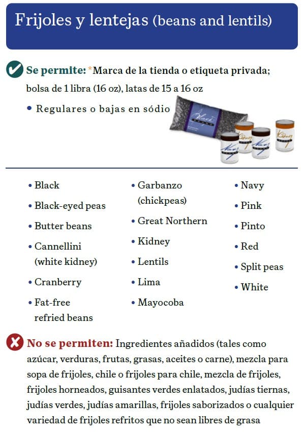 Spanish guide listing WIC‑approved beans and lentils and items not permitted.