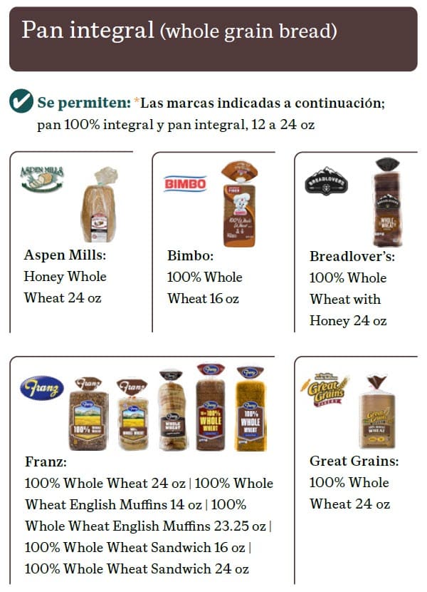Spanish guide showing WIC‑approved whole grain options, with allowed brands and items not permitted