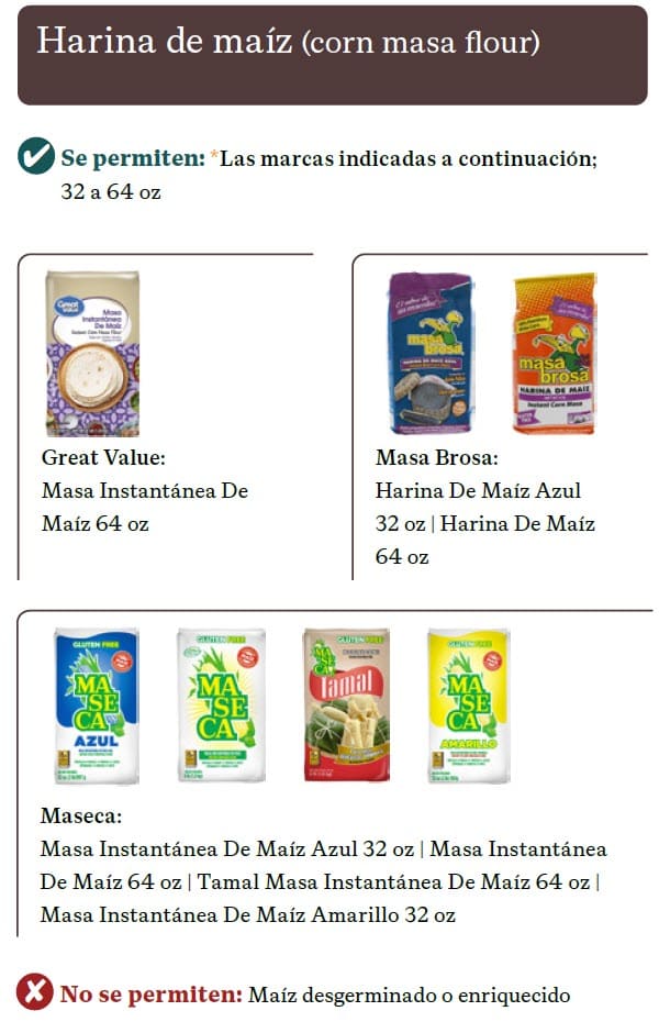 Spanish guide showing WIC‑approved whole grain options, with allowed brands and items not permitted