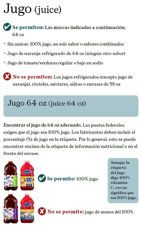 Spanish guide showing WIC‑approved juice options, with allowed brands and items not permitted