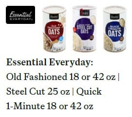 Three Essential Everyday oat containers—Old Fashioned, Steel Cut, and Quick 1‑Minute—shown side by side with their package sizes listed below.