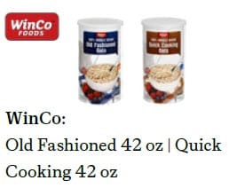 Two WinCo oatmeal containers—Old Fashioned Oats and Quick Cooking Oats—each showing a bowl of oatmeal on the front, both in 42‑ounce sizes.