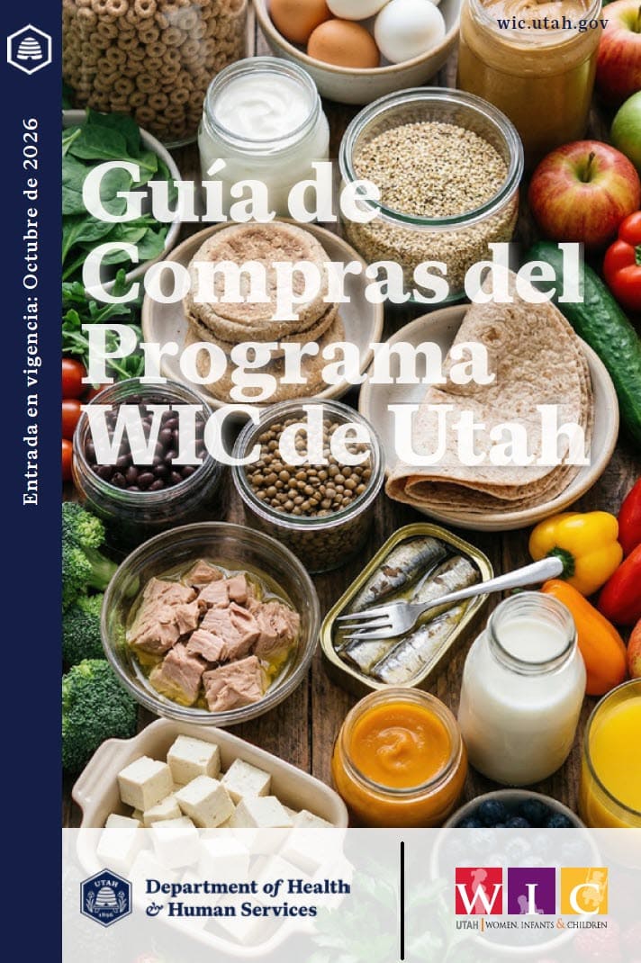 Cover of the Utah WIC Shopping Guide showing assorted WIC‑approved foods and the October 2026 effective date with Utah WIC and DHHS logos.