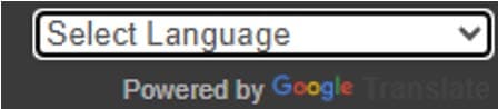 Dropdown menu labeled “Select Language” with a note saying it is powered by Google Translate.