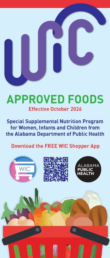 Poster promoting WIC‑approved foods for October 2026, with a QR code and a shopping basket of groceries.