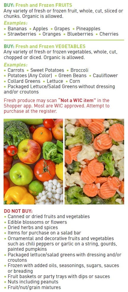 Guide showing which fresh and frozen fruits and vegetables WIC allows, with examples and a list of items that cannot be purchased.
