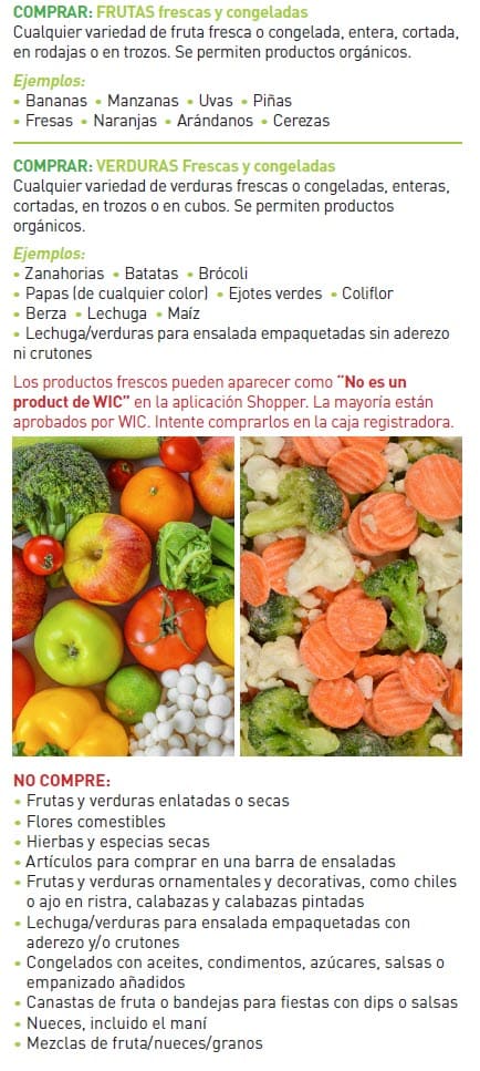 Guide showing which fresh and frozen fruits and vegetables WIC allows, with examples and a list of items that cannot be purchased in Spanish